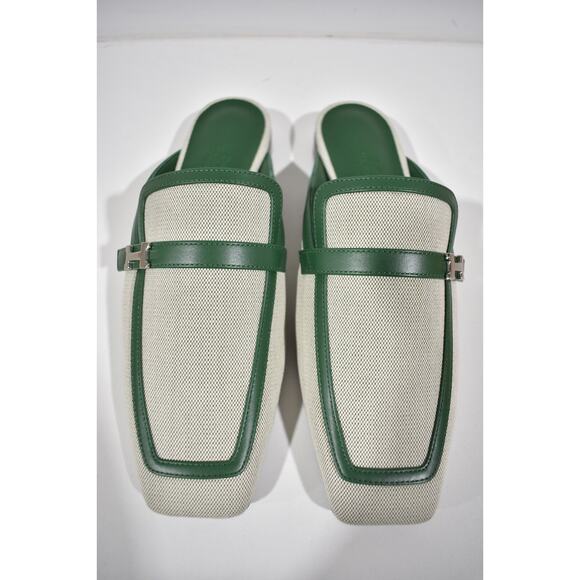 Hermes Groupie Mule Cactus Green Leather Canvas Backless Mule Slide Flat 37 - Picture 7 of 12